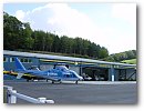 The hangars at Castle Air Charters. Castle Air are based at Trebrown, Cornwall on the A38 to the west of Plymouth.